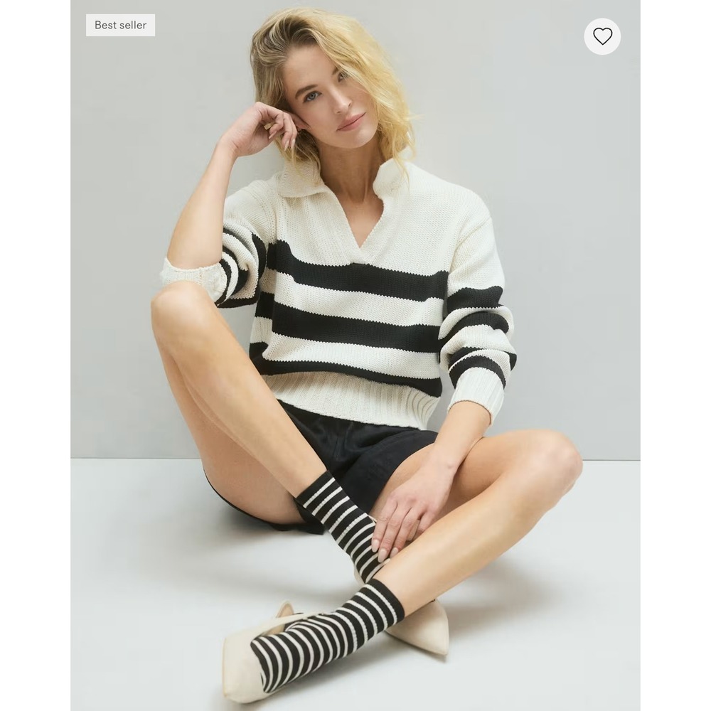 Quince Striped Organic Cotton Polo Sweater Cream Black Cropped XS SGK001